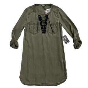 Express Women's Size XS Lace-Up Army Green Mini Shirt Roll Tab Sleeves Dress SHO